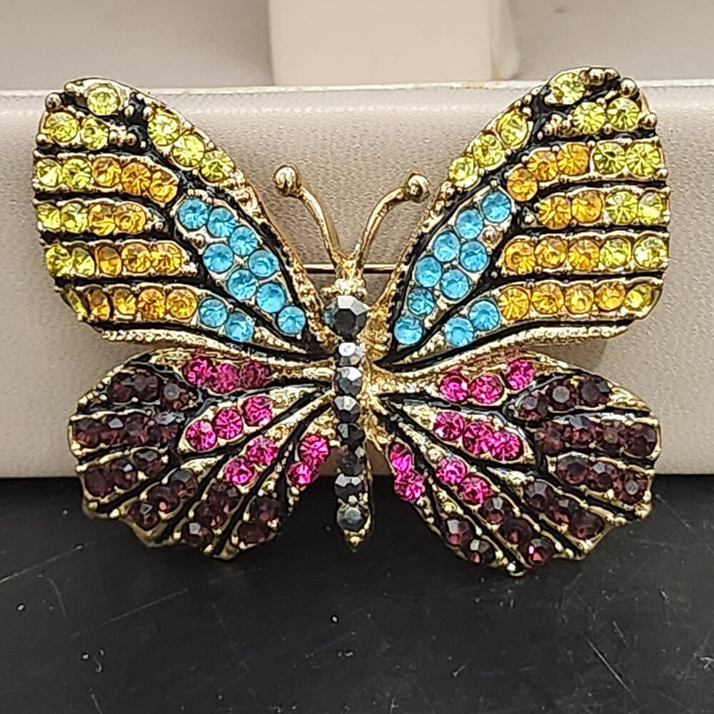 Vintage Betsey Johnson Butterfly Brooch Pin Multicolor Rhinestones Gold Tone